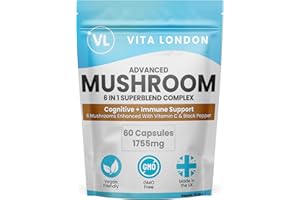 VL VITA LONDON Lions Mane Mushroom 6 in 1 Complex | Lion's Mane Supplement + Chaga, Reishi, Cordyceps, Shitake, Maitake Mushrooms & Vitamin C | 60 Capsules (Not Tablet, Powder or Gummies) | UK Made Vegan