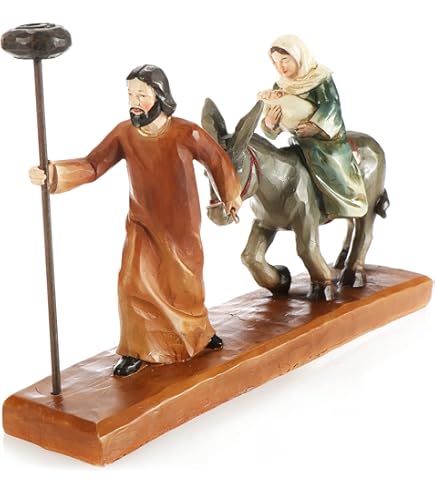 Figurine Crèche Maria Sur L'âne Avec Joseph - En Résine, Hauteur 13.3 Cm, Couleur Marron Ou Gris