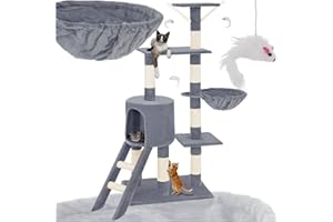 tectake® Arbol Rascador para Gatos, Rascador 144cm, Caseta, Varias Alturas, 3 Ratones de Juguete, Nido, Protección Antivuelco, Estructura Robusta, Rascador Gato, Juguetes para Gatos - Gris