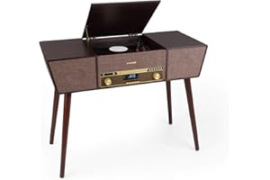auna Belle Epoque 1912 - Tocadiscos Reproductor de Vinilo Retro, 3 velocidades, CD, Radio Dab+/UKW, Bluetooth, Función grabación USB, 2 Altavoces, Pantalla LED, Mando a Distancia, Marrón