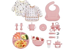 Bizcasa Coffret Repas Bebe 14 pièces,Vaisselle Antiderapant pour Bébé Set Silicone avec Ventouse Assiette Bol Cuillère et Bavoir,Sans BPA,Enfant Set Couverts Vaisselle Pour Sevrage Manger (Rose clair)