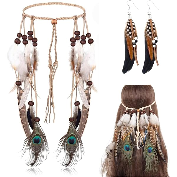 MWOOT Set Bijoux Bohémiens - Plumes, Collier Cuir, Boucles Attrape-rêves - Style Indien