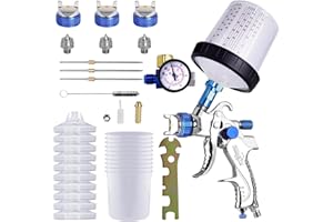 ROIIKETU HVLP Spray Gun, Paint Sprayer with 10pcs 600ML Disposable Cups&Pressure Gauge, Car Spray Gun Kit with 3 Nozzles 1.4/1.7/2mm&Nozzle Paint Mixing Quick Cup for Car Furniture Painting (Blue)
