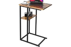 Yusong C Shaped End Table, 2 Tier Small Side Tables Slide Under Sofa Couch Bed, Small TV Tray Bedside Table for Small Spaces, Living Room, Bedroom, Brown