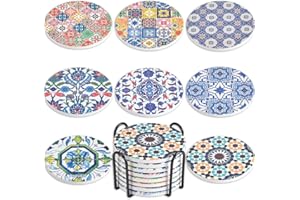 Newk Untersetzer für Getränke, Set mit 8 absorbierenden Keramik-Untersetzern mit Metallhalter, Untersetzer mit portugiesischem Muster für Kaffeetische, tolle Einzugsgeschenke