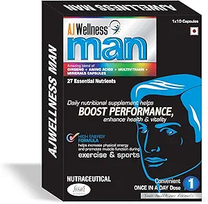 AjWellness Man- Once a day Multivitamin health supplement for men of all ages containing natural extracts like Ginseng, Amino acids, Vitamin C, D3 and Zinc that helps to revitalize health, improve immunity, hair & skin health and to increase energy and stamina for sports and bodybuilding (40 soft gel capsules/pack of 4)