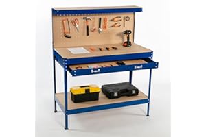 SwitZer New Blue Steel Garage Tool Box Toolbox Work Bench Workbench Storage With Drawers Pegboard and 20 Pegs Shelf DIY Workshop Station