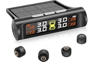 Geloo Real-Time Tire Pressure Monitoring System with 4 pcs Waterproof Sensors, Wireless Solar Monitor with Air Leak/Temp/Pressure Alarm,0-5 bar TPMS for Caravans RV Car SUV Trailer