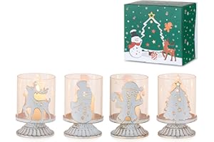 Sziqiqi Navideñas Portavelas Regalo Blanco: Juego de 4 Portavelas para Decoración de Mesa de Navidad - Soportes para Velas Blanco Vintage con Cristal Antiviento para Centro de Mesa y Repisa