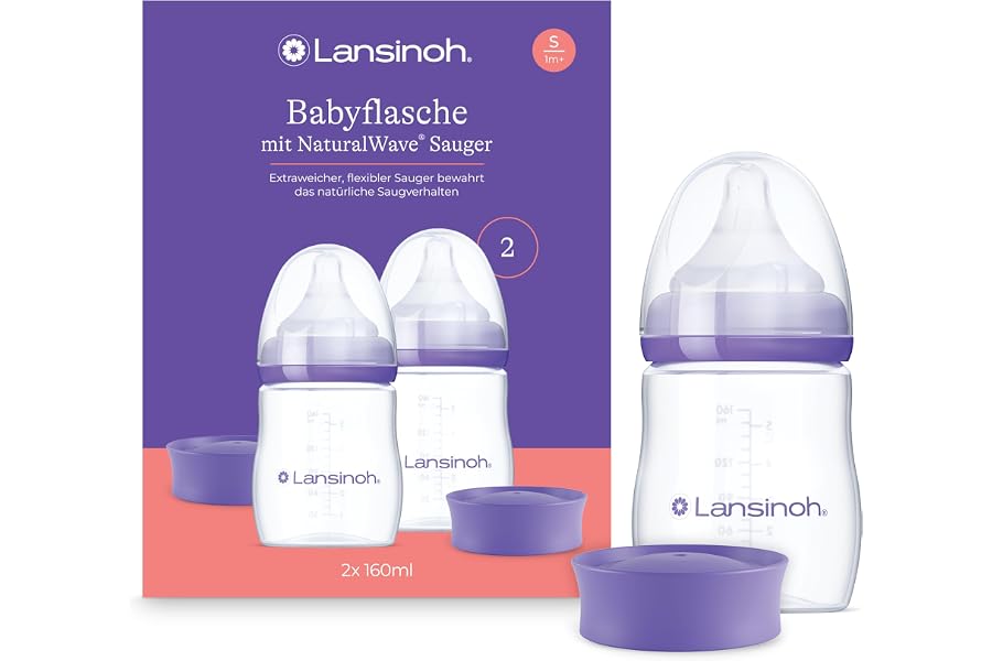Lansinoh Babyflaschen mit NaturalWave Sauger S, 160 ml, 2 Stück | Flasche für Babys ab 1 Monat, Anti-Kolik-Ventil, BPA-frei, auch für Stillbabys geeignet