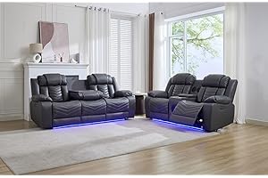 GENERIC Zeus Leather Electric Recliners Sofa With Cupholders - 3+2 Seater Sofa/Bluetooth Speakers/LED Lights/USB Charging Ports/Storage (Grey, 3+2 Seater)