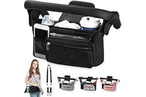 HINATAA Baby Pram Bag Stroller,Baby Stroller Organizer- Detachable Phone Bag & Shoulder Strap, 2 Insulated Cup Holder,Buggy Organiser Bag with Shoulder Strap&Non-Slip Secure Hooks (Black)