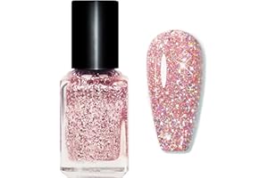 EONFAVE Glitter Nail Polish - Quick Dry Nail Varnish - Rose Gold Shimmering Metal Holographic Nail Paint - Color Pink Champagne Nail Polish No Need Cure 7 Days Lasting