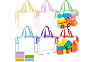 TEL CHARME * 6 Pack Clear Zipper Toy Storage Bags with Handles, 11.8x8.6x3.9 Inch PVC Waterproof Organizer Bags for Building Blocks, Puzzles, Board Games (6 Colors)