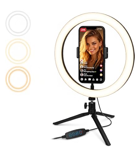 Anello Luce Con Treppiede Da 10 Pollici – 3 Modalità E 10 Livelli Di Luminosità Per Selfie, Streaming E TikTok