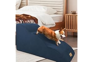 MIDOUAUTOUK Gentle Slope Pet Stairs for Small Dogs, 3-Step Dog Foam Steps for High Bed Sofa, Non-Slip Pet Ramp Ladder with Removable Washable Cover, Send Lint Roller Set, Blue