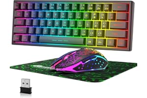 HOOPOND 60% Kabellos Gaming Tastatur und Maus Combo Set 2,4 GHz Wiederaufladbare 3800 mAh Leise 61 Tasten Kompakttastatur mit Rainbow LED Hintergrundbeleuchtung + 2400 DPI 6 Tasten Rainbow LED Maus(Schwarz)