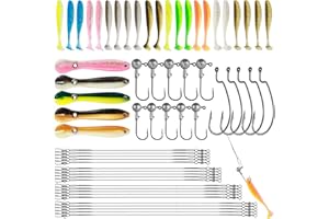 Annyswit 62 Stück Gummifische Angelköder Softbait Set mit Jigköpfe & Offset Haken & Stahlvorfach Hecht Angeln 100mm/70mm T-Tail Schwanz Köder Kunstköder Gummiköder für Zander Barsch Forelle & Döbel