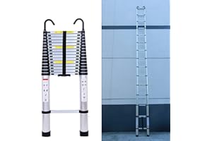 RIGOGO Échelle télescopique Extensible de 4,4 m avec 2 Crochets, 13 échelons de qualité supérieure, échelle Multifonction capacité de Charge de 150 kg, Argent