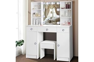 Dradaomull Toeletta da Trucco con Specchio e Luci LED Regolabili, Tavolo Trucco con 3 Cassetti, 4 Ripiani Aperti e 2 Armadietti, Bianco 100x40x140 cm 6DEA66