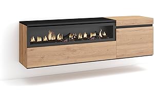 Skraut Home | Mueble TV | Televisión | Muebles de salón, almacenaje | 150x45x35cm | para TV hasta 65" | Chimenea eléctrica | Colgado, Suspendido | Estilo Moderno | Roble y Negro