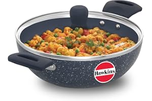HAWKINS Ceramic Nonstick 2.5 Litre Deep Kadhai, Induction Deep Fry Pan with Glass Lid, Granite Kadai (ICK25G)