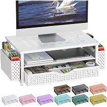 Pygocereri Supporto per doppio monitor, accessori da scrivania in metallo con cassetto e 2 portapenne, lunghezza e angolazione regolabili, supporto per monitor del computer per schermo, computer