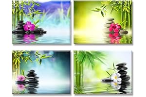 Piy Painting 4X Impression Contemporain Zen sur Toile Spa Yoga Peinture en Bambou Pierre de médecine Tableaux Home Déco Impermeable Mur Art pour Chambre Cuisine Salle Bain Cadeau de Nouvel an 30x40cm