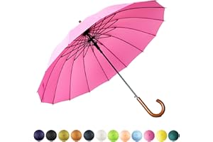 SoulRain 16 Rippen 121,9 cm Stockschirm, automatisches Öffnen, einfarbig, modisch und einfach, bogenförmiger klassischer Holzgriff, winddicht, unzerbrechlich, Regenschirm (Rosa)