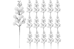KKSTY Pack of 16 Christmas Glitter Berry Stem, Artificial Berry Picks Holly Berries Branches for Christmas Tree Decoration Wreath Making Supplies DIY Crafts Holiday Season Winter Home Decor (White)