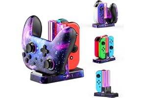 NexiGo Cargador Mejorado para Nintendo Switch y Switch OLED, Base de Carga para Joy-Cons y Pro Controller con Cable de Carga USB Tipo C e Indicador LED