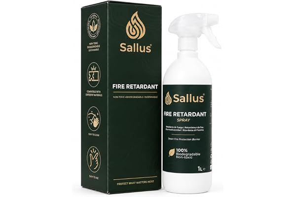 Sallus Flamskyddsspray 1L för Flera Ytor | Giftfri, biologiskt nedbrytbar termisk barriär för trä, textilier och plast. Optimal för brandklass A, B och F.