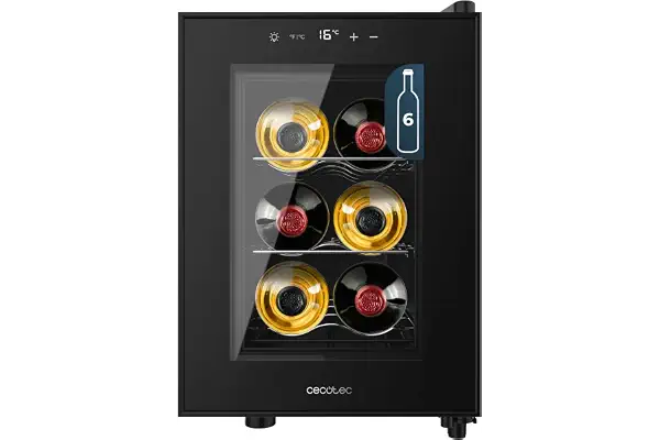 Cecotec Vinoteca 6 Botellas Bolero GrandSommelier 600 CoolCrystal E. Estantes Metálicos, Control Táctil, Temperatura 8 a 18ºC, Temperatura 8 a 18ºC, Negra