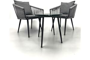 Direct Furniture Deals 3-Piece Rattan Bistro Set, 2 Chairs with Grey Cushions, Glass-Top Coffee Table, Dark Grey