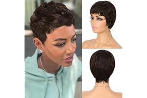 Fereowth Courte Pixie Perruque Femme Naturelle Perruque Courte en Cheveux Humains Short Human Hair Wig Droit Brésilienne Couche Cheveux avec Frange Perruques Marron foncé (4#)
