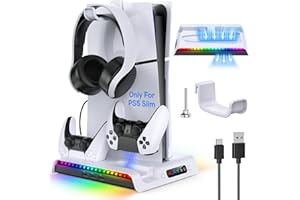 MENEEA Ladeständer für NEW PS5 Slim/PS5 Pro mit Lüfter, Station für DualSense/Edge Controller mit RGB Licht, Headset Hook.3 USB Hubs, Kühler für Playstation 5 Slim Disc& Digital Edition Konsole 2023