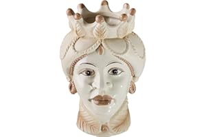 MONTEMAGGI Testa di Moro in Ceramica in Stile Siciliano Dipinto a Mano, Vaso Monocromatico per piante da Interno, Soprammobile di design, Stile Italiano, Regina Volto Panna Grande, 13x12x19,5 cm
