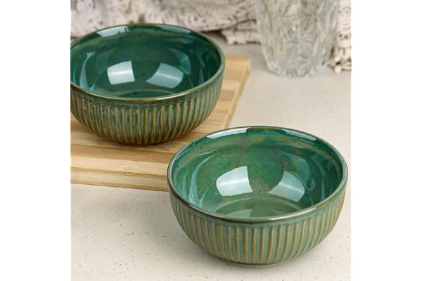 The Earth Store Glam Green Ceramic Bowl Set of 2, 500 ML Each Ceramic Mixing Bowls for Snacks, More Rice, Dal, Fruits, Salad Perfect for Christmas Gift New Year Gift & Daily Use