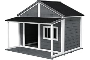 PawHut Cuccia per Cani da Esterno con Tetto Impermeabile, Casetta per Cani in Legno di Abete con Finestra e Terrazza, 124x112x105cm, Grigio
