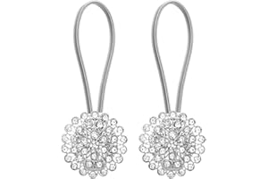 Lewondr Fermatende, 2 Pezzi Raccogli Tenda a Magnete con Filo in Acciaio Inossidabile 40 cm, Fiore Cristalli, Decorazioni Accessori Tende, Fermatende per Casa Camera da Letto - Argento