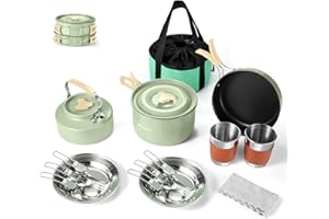 Odoland Camping Cookware Set Non-Stick Pot and Pan Set with Kettle, Stainless Steel Utensils Mess Kit, Cups Plates Knives Spoons Forks for Outdoor Cooking