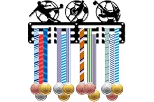 CREATCABIN Soporte para Medallas de Fútbol, Pequeño Estante para Medallas, Colgador de Cintas para Premios Deportivos de Fútbol con 3 Y 12 Ganchos, Decoración de Metal Montada En la Pared para Colgar