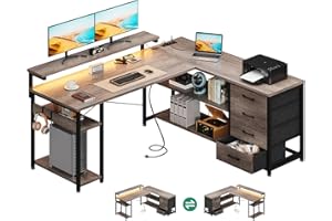 ODK Biurko z szufladami, dwustronne biurko narożne z 2 gniazdami wtykowymi i 2 portami ładowania USB, biurko w kształcie litery L z diodami LED, do domowego biura, szary dąb, 155 x 110 cm