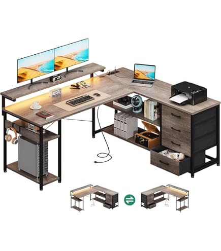 ODK Hoekbureau met 4 laden, omkeerbaar bureau, L-vorm met 2 stopcontacten en 2 USB-oplaadaansluiting, gamingtafel in L-vorm, met leds en monitorstandaard voor thuiskantoor (zwart, 160 x 80 x 85,9 cm