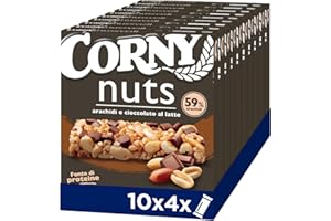Corny Nuts Barrette Arachidi e Cioccolato al Latte, Senza Olio di Palma, Fonte di Fibre, 4 Barrette da 24g, Confezione da 10 Scatole