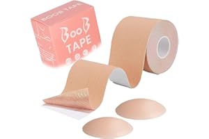 INTELLIGRON Boob Tape, Bob Tape for Large Breasts, Self-Adhesive Strapless Boobtapes with 2 Pcs Nipple Covers, 5M Stretchable Longer Than Regular Roll, Perfect to Stick on Bra, Kinesiology Tape