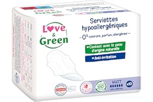 Love & Green Serviettes hygiéniques, écologiques et hypoallergéniques - certifiées Ecolabel et Dermatest - "NUIT" x 10 : Sans colorant, parfum, allergènes