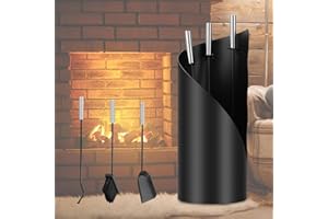 ISOISL Kaminbesteck, 4-teiliges Kaminbesteck Set, Kamingarnitur mit Besen, Schaufel, Eisenhaken, Ständer, Kaminwerkzeug mit Edelstahlgriffe, Kaminzubehör Modern Design, Ofenbesteck Schwarz