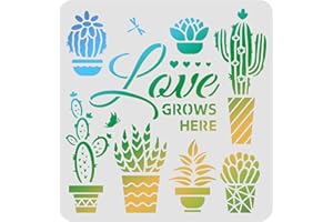 FINGERINSPIRE Stencil 30 x 30 cm con scritta “Love grows here”, fiori e cactus in vaso, riutilizzabili, per dipingere su legno, pavimento, parete, carta e tessuto