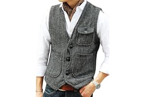 Solovedress Mens Vintage Wool 3 Real Pockets Suit Vest V Neck Tweed Waistcoat for Wedding Groomsmen